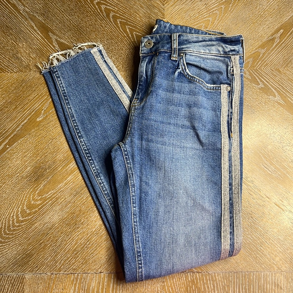 ANTHROPOLOGIE Pilcro & The Letterpress Silver Glitter Side Stripe Jeans - Picture 2 of 9